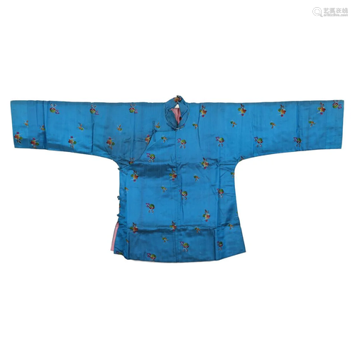 A BLUE-GROUND EMBROIDERED LADY'S ROBE