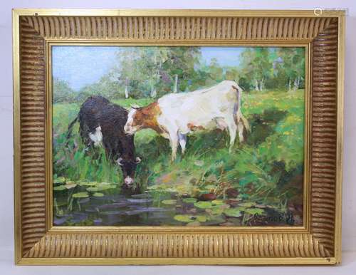 A. OSIPOV (20TH CENTURY RUSSIAN). Cattle watering. Oil on bo...