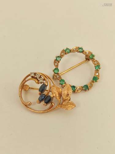 9ct gold circle brooch with tint diamonds and emeralds and a...