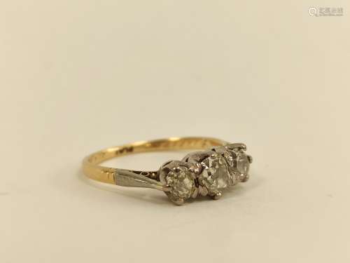 Diamond three stone ring with old cut brilliants, the larges...