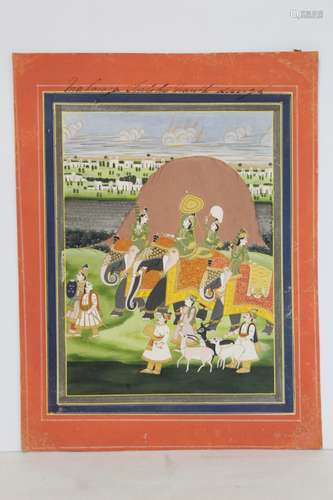 MUGHAL SCHOOL. Procession with elephants passing by a stupa ...