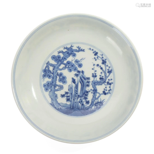 A BLUE AND WHITE 'THREE FRIENDS' DISH
