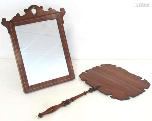 19th century mahogany hand held face screen with fret cut pa...