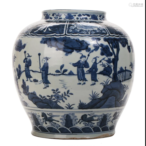 A BLUE AND WHITE 'FIGURES' JAR