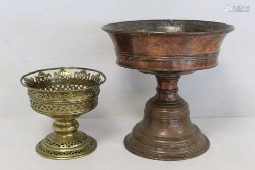 Antique tinned copper tazza or comport, the flared bowl with...