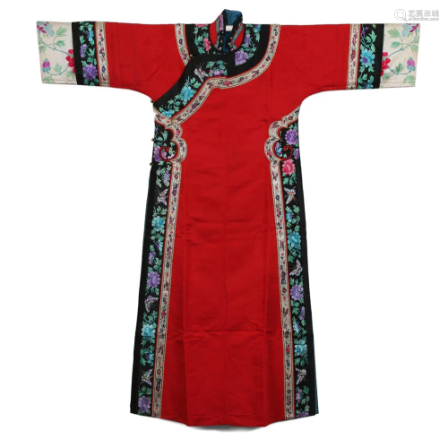 A RED-GROUND EMBROIDERED LADY'S ROBE