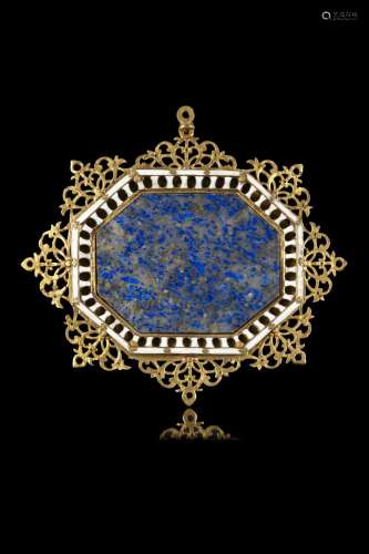 A 17th-century enamelled bronze frame with central lapis laz...