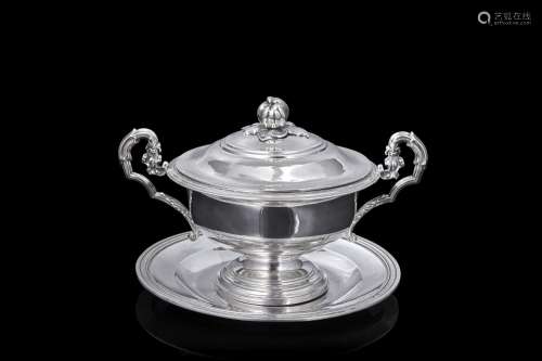 A cup and a silver small plate with engraved initials. Frenc...