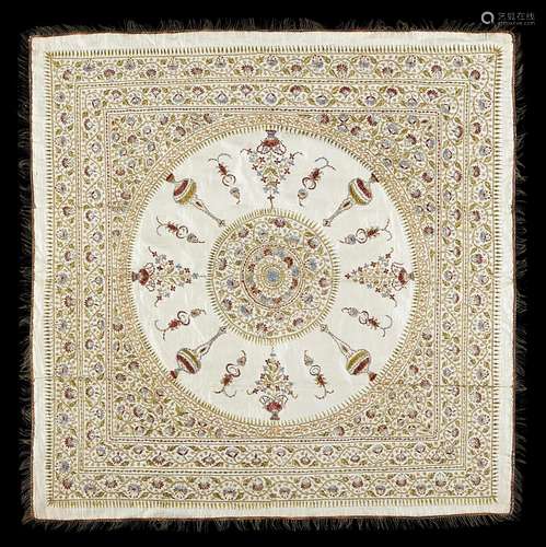 A 19th-century indian table cover fabric in polychrome silk ...