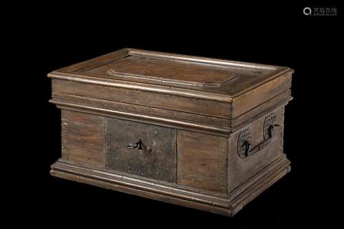 A 17th-century mahogany travel treasure chest. Wrought iron ...