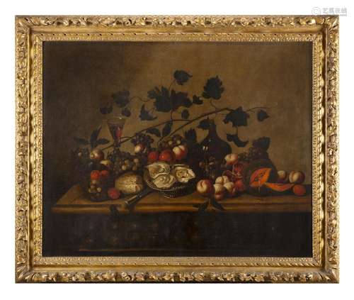 18th century school Still life with fruit, bread, oysters an...