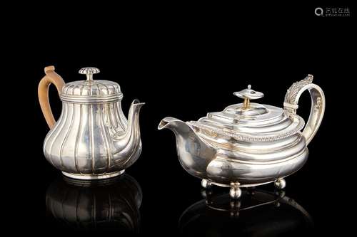 A lot comprising two silver teapots. London, 19th century. D...