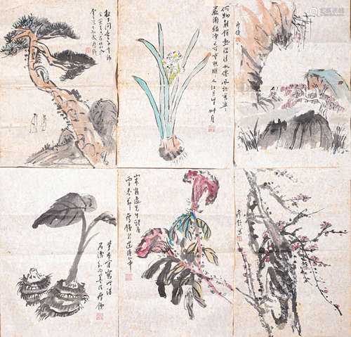 钱瘦铁山水花鸟六开（lot149-160为同一藏家藏）纸本册页