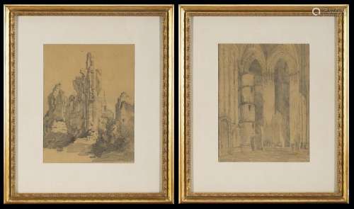 19th century artist Landscape with ruins; Cathedral interior...