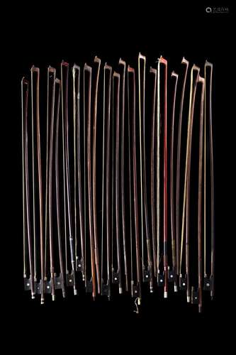 16 violin bows and 5 3/4 violin bows, nickel and ebony mount...