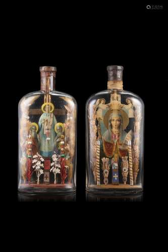 20th-century Russian Art. Two glass folk craft bottles conta...