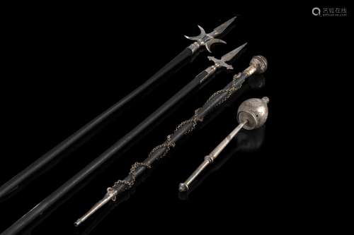 A lot comprising two wooden and silver halberds, Naples hall...