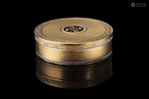 An enamelled guillochÃ© gold box ciphered RPCC (d. cm 5; h. ...