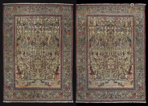 A Pair of rare Keshan "twin" carpets, Mothashem sc...