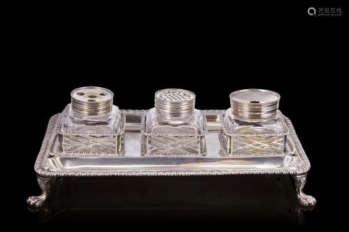 A silver inkwell with glass phials. London hallmarks, silver...