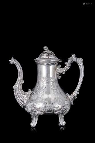 A 19th/20th-century engraved silver coffe pot with bone moun...