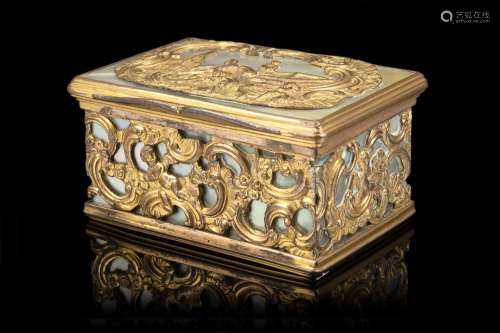 An 18th-century German chiselled gilt metal and mother-of-pe...