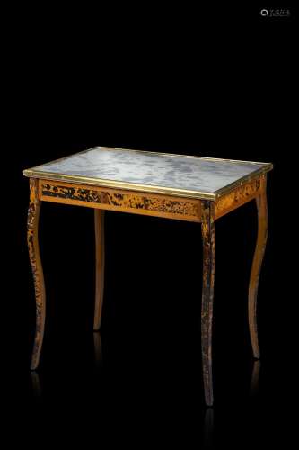 A cherry wood tortoise-shell veneered centre table, mirror t...