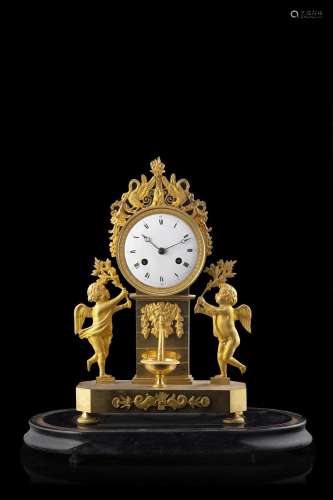 Ormolu mantel clock modelled with mythological figures. Enam...