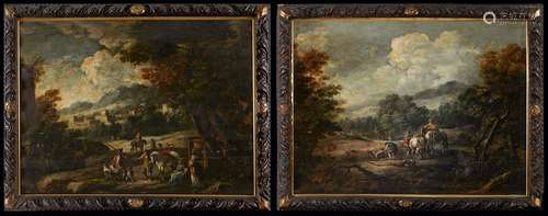 Late 18th century school Landscapes with hunting scenes Pair...