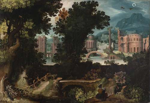 Manner of Matthijs Brill, 17th century Lanscape with archite...