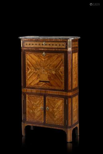 A wooden inlaid secretaire with fall front door hiding drawe...