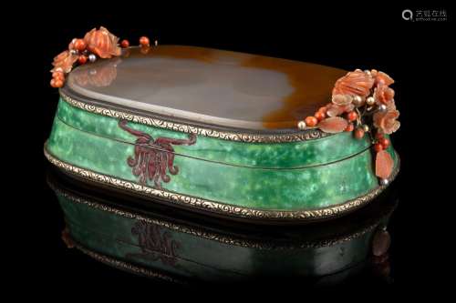 An agate box with coral handles. Gilt silver and metal mount...