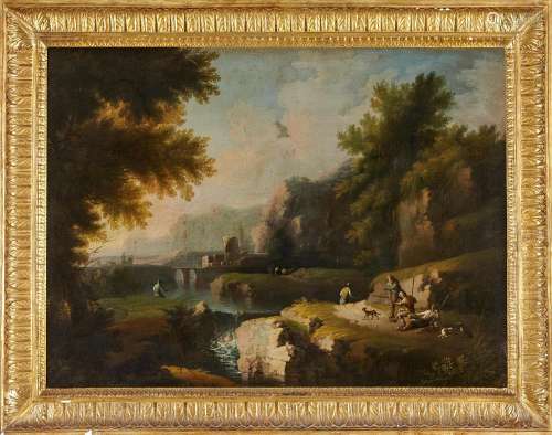 Michele Pagano Landscape with ruins and shepherds near a riv...