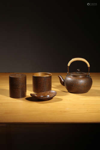 昭和時期銅橘皮紋茶具一套