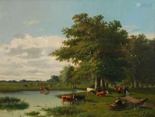 Louis-Pierre Verwee (1807-1877) Paysage avec promeneurs et v...
