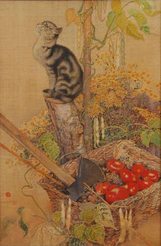 Charles Michel (1874-1972) Chat tigré dans un potager