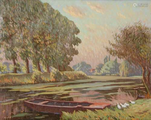 Guillaume Montobio (1883-1962) Paysage de la Lys avec canard...
