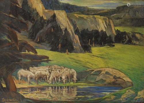 Paul Cauchie (1875-1952) Paysage de montagne avec moutons