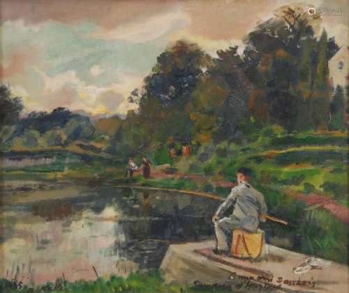 Adolphe Keller (1880-1968) Pêcheur le long de l'étang