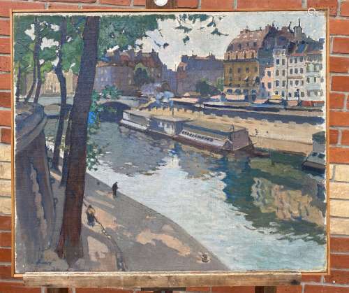 Léon CAUVY (1874-1933) Les quais Huile sur toile signée en b...