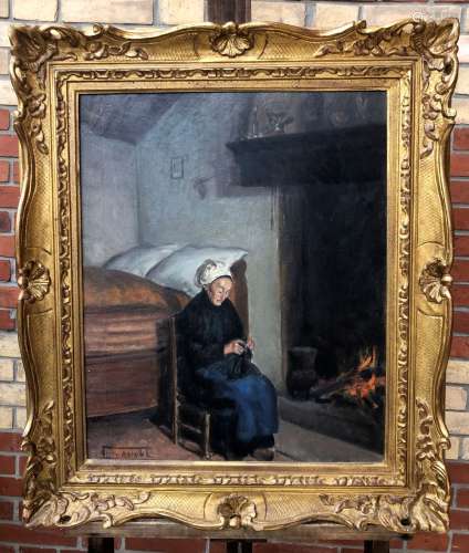 André ASTOUL (1886-1950) Femme tricotant au coin du feu Toil...