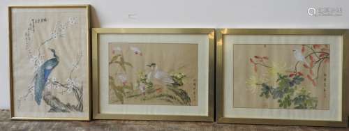 THREE CHINESE WATER COLOURS OF BIRDS, measuring 53 x 28 cm a...