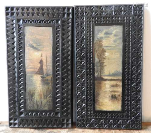 A PAIR OF OIL PAINTINGS ON HAND CARVED PANELS DEPICTING ESTU...