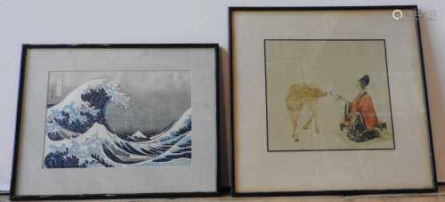 TWO JAPANESE COLOUR LITHOGRAPHS OF HOKUSAI 'UNDERNEATH THE W...