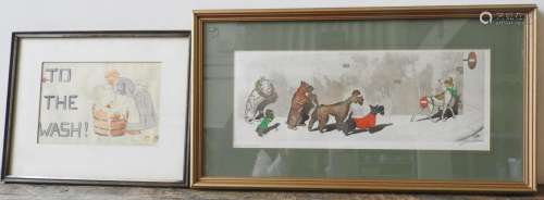 A SIGNED CARTOON ILLUSTRATION OF DOGS AND A LAUNDRY SCENE WA...