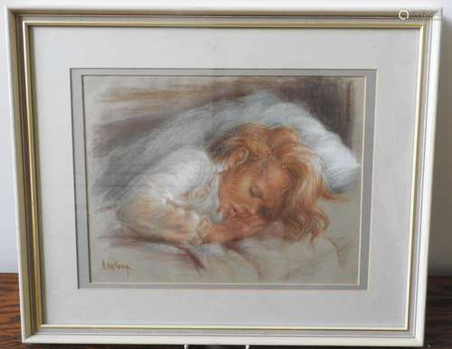 PASTEL ON PAPER OF SLEEPING CHILD, SIGNED OSTOYA, 28 x 36.5 ...