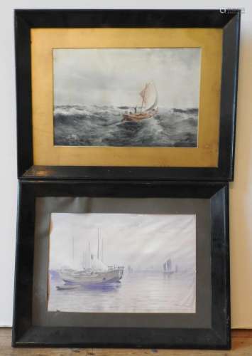 TWO SIGNED WATERCOLOURS OF JAPANESE HARBOUR SCENE AND JUNK I...