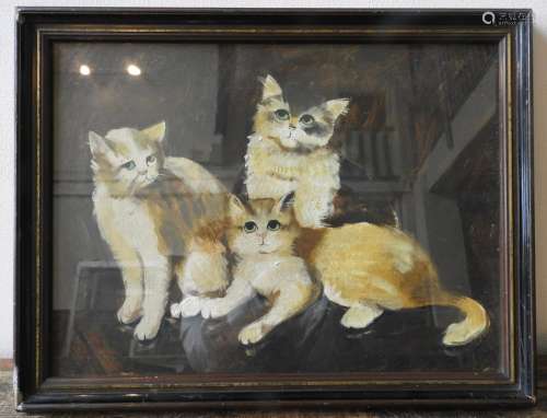 OIL PAINTING ON PAPER OF THREE CATS, 26 x 34 cm