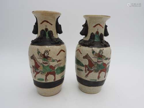 SMALL PAIR CANTON VASES LATE QING DYNASTY painted with warri...