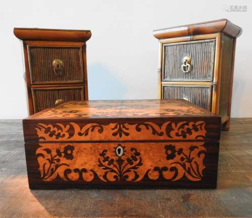 A VICTORIAN WALNUT & ROSEWOOD JEWELLERY BOX AND A PAIR OF BA...